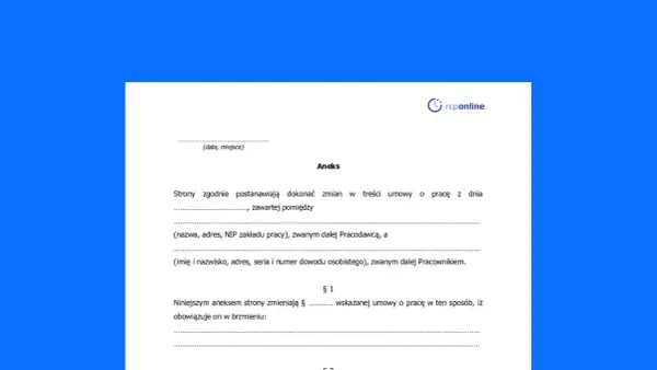 Dokument "Aneks" do umowy o pracę, zawierający dane stron i postanowienia zmian.
