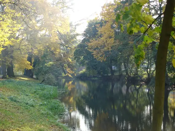 Jesienne słońce rozświetla miasto nad Iną. Drzewa w złotych barwach odbijają się w spokojnej wodzie.