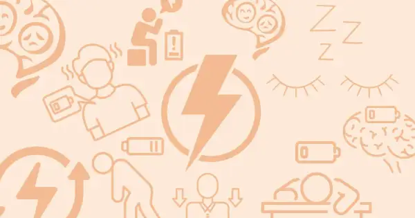 Ilustracja przedstawia różne obszary życia, gdzie ludzie są wyczerpani, z niskim poziomem baterii, symbolizującym brak energii.