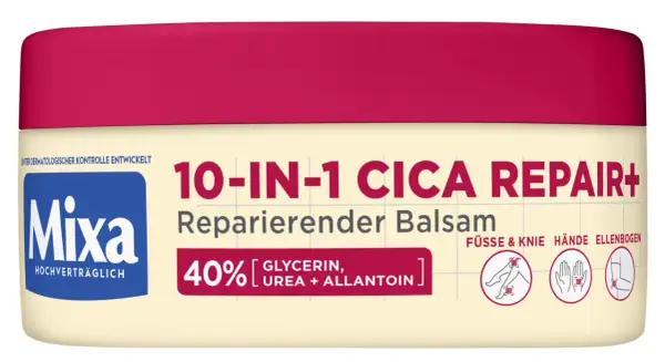 Mixa 10-IN-1 CICA REPAIR+ balsam z 40% gliceryny, mocznika i alantoiny. Idealny do pielęgnacji stóp, kolan, dłoni i łokci.