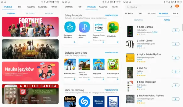 Ekran sklepu z aplikacjami z grami Fortnite i PUBG, aplikacjami do nauki języków i aparatu.