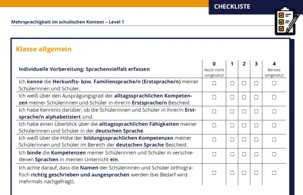 Checkliste zur Erfassung der Sprachenvielfalt im Unterricht. Hilft bei der individuellen Vorbereitung und der schreibkonferenz.