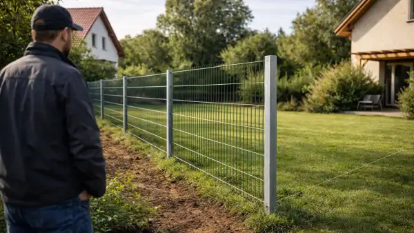 Mann inspiziert einen frisch installierten Metallzaun. Ein Projekt, um den eigenen zaun selber bauen, ist hier gut sichtbar.