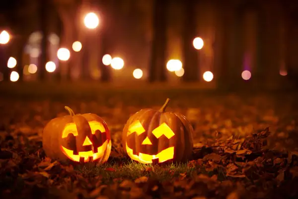 Two carved pumpkins glow with warm light on a bed of fallen leaves, perfect for halloween decorations on the cheap.