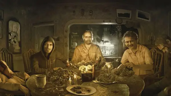 Rodzina Bakerów przy stole, kluczowa scena z gry Resident Evil 7 fabuła. Groza i makabra w wiejskiej posiadłości.