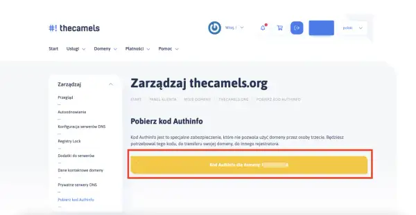 Pobieranie kodu Authinfo dla domeny thecamels.org. Ten kod jest niezbędny do transferu domeny.