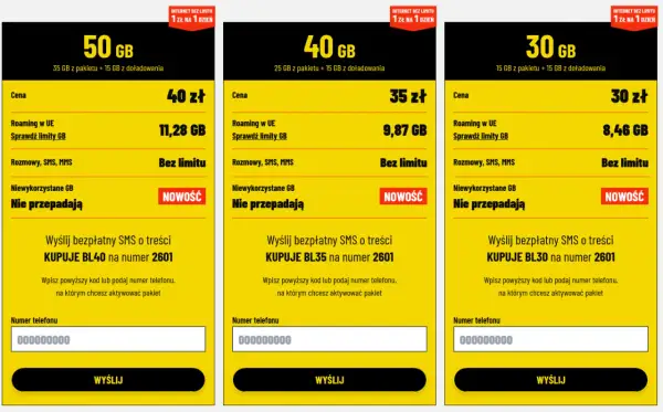 Trzy pakiety internetowe: 50 GB za 40 zł, 40 GB za 35 zł i 30 GB za 30 zł. Każdy play pakiet s oferuje nielimitowane rozmowy, SMS, MMS i niewykorzystane GB nie przepadają.