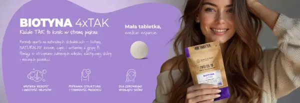 Biotyna 4xTak tabletki wspierają wzrost włosów, elastyczność skóry i mocne paznokcie. Mała tabletka, wielkie wsparcie dla piękna.