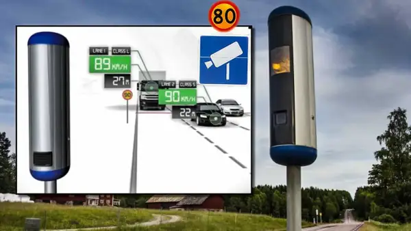 En fartkamera visar hastigheter och avstånd för fordon. En illustration visar hur fartkameran mäter hastighet och avstånd.