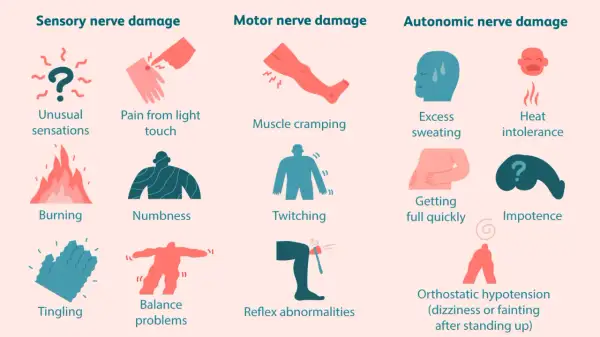 Danni ai nervi sensoriali, motori e autonomi, con sintomi come bruciore, intorpidimento, crampi, sudorazione eccessiva e problemi di equilibrio, possibili manifestazioni di neuropatia da stress.