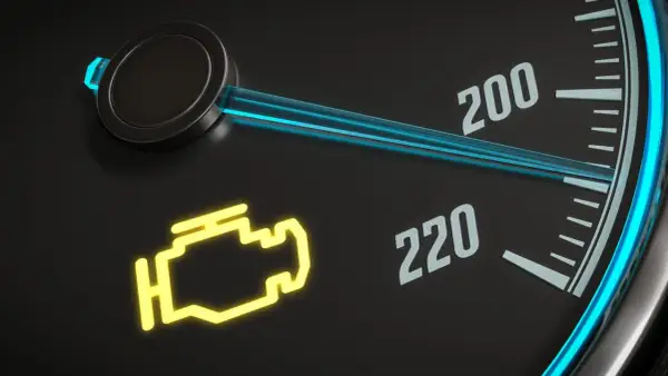 Gelbe Motorleuchte leuchtet auf dem Armaturenbrett. Ein Warnsignal, das auf ein Problem mit dem Motor hinweist.