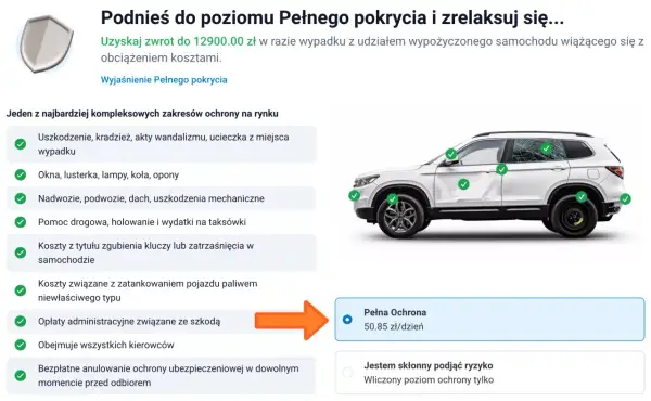 Pełna ochrona samochodu kosztuje 50.85 zł dziennie, obejmuje uszkodzenia, kradzież, pomoc drogową i inne.