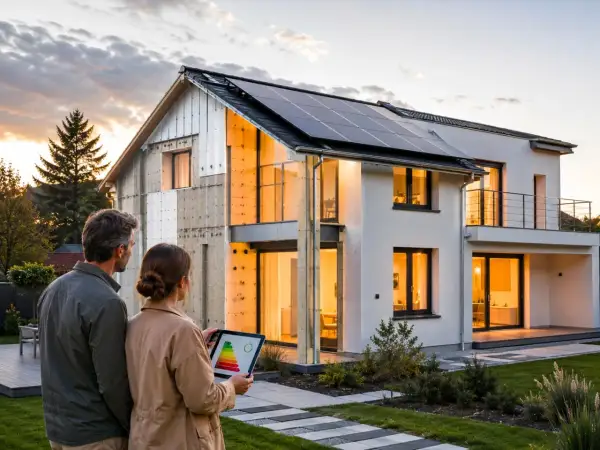 Coppia valuta l'efficienza energetica di una casa con pannelli solari, pensando all'obbligo cappotto termico 2030.