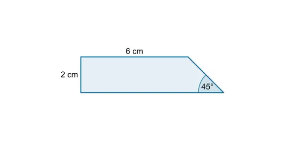 Trapez prostokątny o wysokości 2 cm, górnej podstawie 6 cm i kącie 45 stopni.