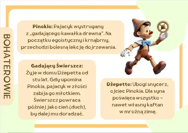 Pinokio, krnąbrny pajacyk z drewna, uczy się dojrzewać. Obok niego Dżepetto i Gadający Świerszcz.