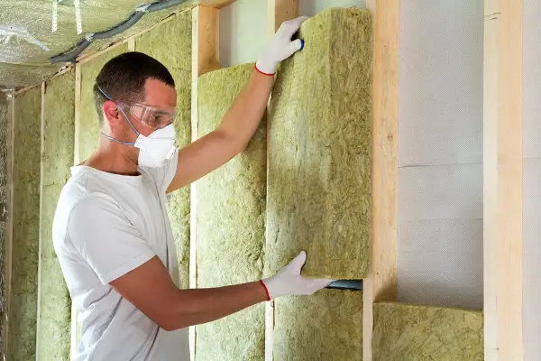 Un ouvrier installe un panneau d'isolation minérale dans une structure murale en bois, respectant les normes d'isolation des murs RT 2020.