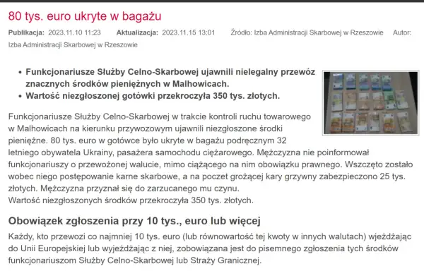 Przewóz 80 tys. euro ukrytych w bagażu. Od 10 tys. euro obowiązuje zgłoszenie.