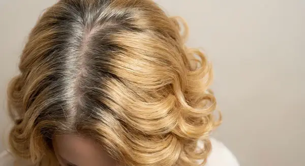 Zbliżenie na blond włosy z widocznymi ciemnymi odrostami i siwizną.
