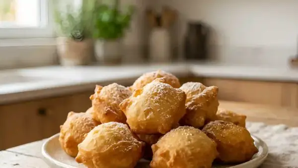 Une pile de pâte à beignets dorée et saupoudrée de sucre glace, prête à être dégustée.