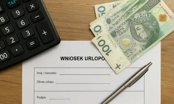 Formularz "Wniosek urlopowy" z długopisem, banknotami 100 zł i kalkulatorem. Czy na umowie zlecenie jest urlop? Sprawdź!