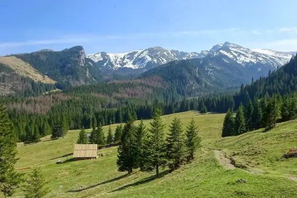 Malowniczy widok na Tatry. Drewniana chata i szlak turystyczny zachęcają do odkrywania atrakcji w górach.