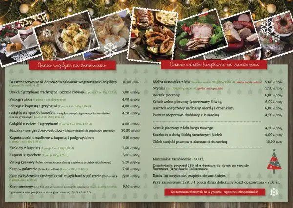 Menu wigilijne na zamówienie: barszcz, pierogi, gołąbki, karp i inne dania. Zamówienia świąteczne na wigilię.