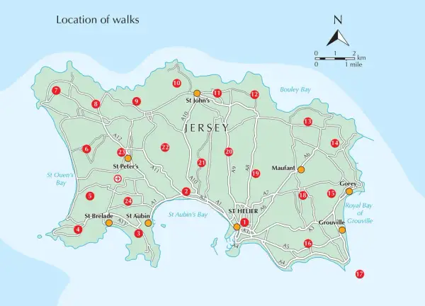 Carte des sentiers de randonnée sur l'île de Jersey, avec des points numérotés indiquant les départs.