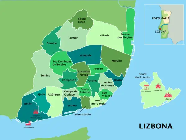 Mapa administracyjna Lizbony, stolicy Portugalii, z zaznaczonymi dzielnicami i zabytkami, jak Klasztor Hieronimitów.
