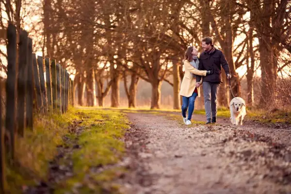 Coppia felice passeggia con cane al tramonto. Forse è così che si conquista un controdipendente: con amore e serenità.