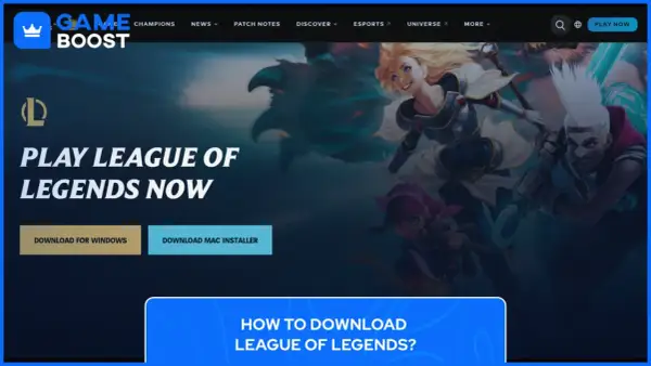 Postać Lux i Ekko z League of Legends na tle gry, przyciski pobierania.