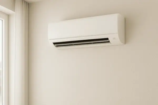 Climatizzatore senza motore, bianco, montato a parete, con tenda chiara e finestra a sinistra.