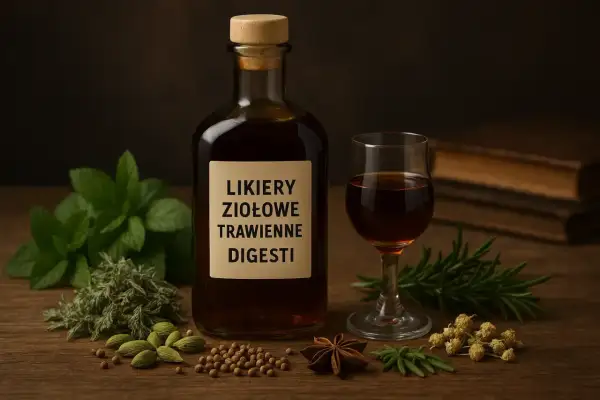 Jagdstolz - butelka likieru ziołowego, kieliszek z nalewką, zioła i przyprawy. Tradycyjny smak natury.
