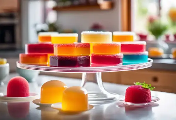 Gourmandises colorées, des gelées aux fruits, certaines en agar agar, présentées sur un plateau.