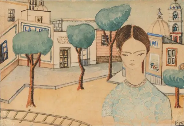 Frida Kahlo's first painting, a watercolor portrait of a young girl in a blue dress, stands before a quaint Mexican town scene with trees and buildings.