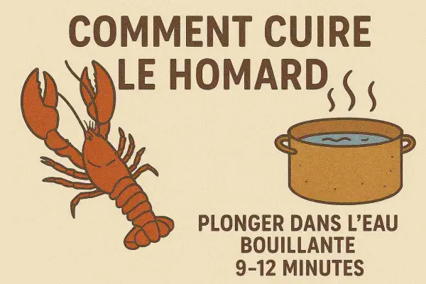 Illustration d'un homard à côté d'une casserole d'eau bouillante, avec le texte "Comment cuire le homard". La cuisson du homard est simple : plonger 9-12 minutes.