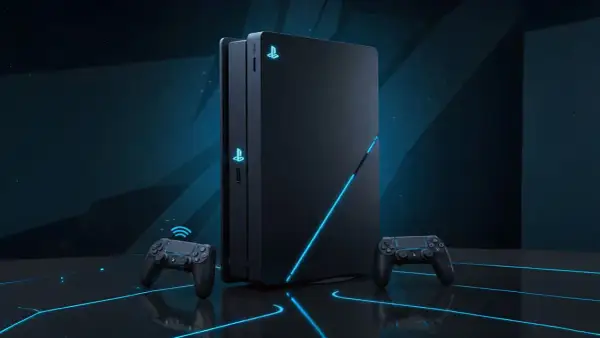 Czarna konsola PlayStation z niebieskimi akcentami i dwoma kontrolerami na ciemnym tle.