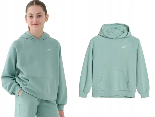 Dziewczynka w miętowej bluzie oversize z kapturem i kieszenią kangurką. Obok bluza bez modelki.