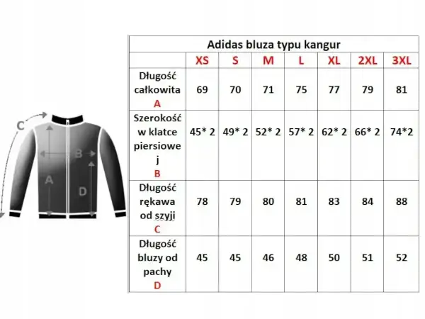 Tabela rozmiarów bluzy Adidas. Jaki rozmiar jest większy L czy M? L jest większy od M, ma 75 cm długości całkowitej i 57 cm szerokości w klatce.