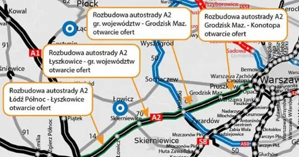 Aktualności dzisiaj: Rozbudowa autostrady A2 Łyszkowice - gr. województw, otwarcie ofert. Mapa pokazuje postęp prac.