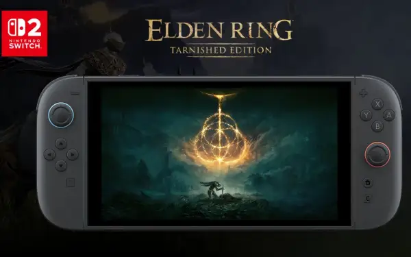 Nintendo Switch z Elden Ring: Tarnished Edition. Bohater klęczy przed Wielkim Pierścieniem w mrocznym świecie.