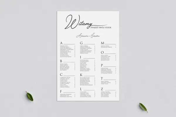 Lista gości wesela z podziałem na stoliki. Znajdź swoje miejsce przy stoliku A, B, C, F, G, I, K, L, M, O, P, T lub Z.