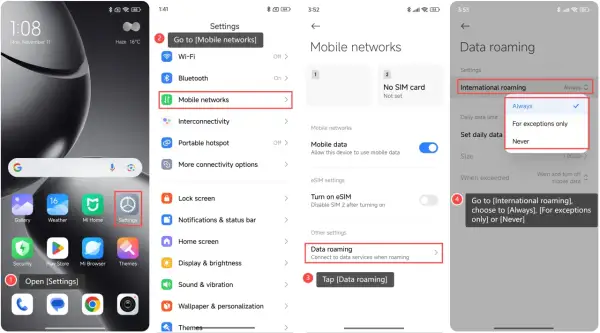 Ustawienia telefonu: włączenie roamingu Play. Wybierz "Dane mobilne", a następnie "Roaming danych".