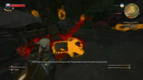 Geralt tropi bazyliszka, używając wiedźmińskich zmysłów. Równowaga w przyrodzie została zaburzona.