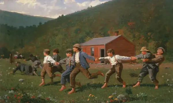 Boys playing "Snap the Whip" in a field in front of a red schoolhouse, with rolling hills in the background.