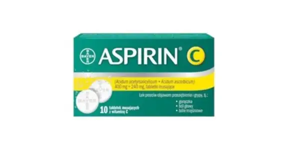 Opakowanie Aspirin C z kwasem acetylosalicylowym i witaminą C, 10 tabletek musujących na objawy przeziębienia i grypy.