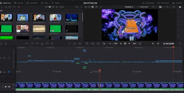 DaVinci Resolve layout showing a timeline with video clips, a preview window with a psychedelic octopus, and media pool items.