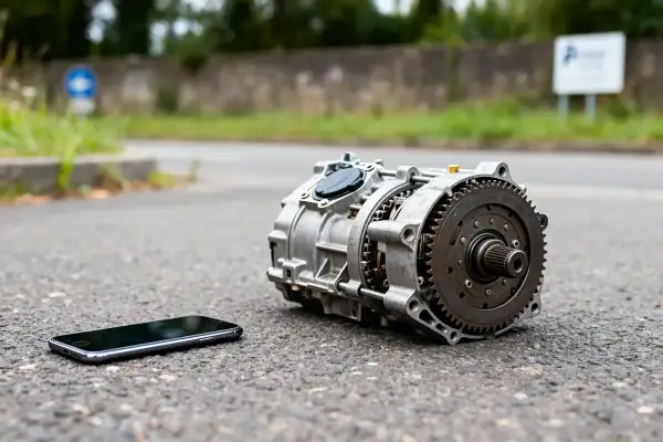 Une boite CVT métallique repose sur l'asphalte à côté d'un smartphone.