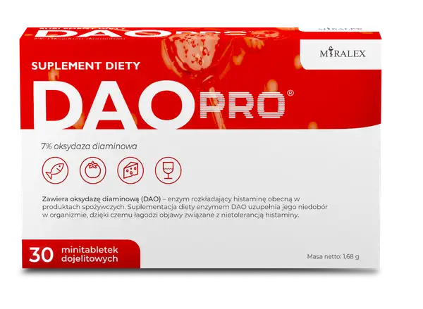 Opakowanie suplementu diety DAO PRO z enzymem DAO, który pomaga rozkładać histaminę. 30 minitabletek.