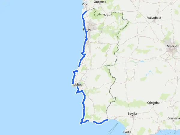 Ruta EuroVelo 1 recorre la costa atlántica de Portugal, pasando por Vigo, Oporto y Lisboa, hasta el sur.