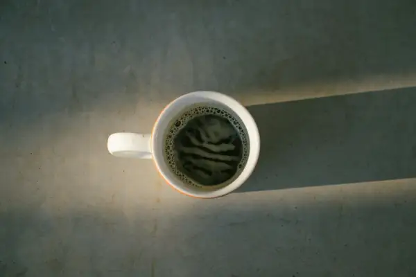 En kopp kaffe med skum. Är koffeinfritt kaffe farligt? Denna bild ger inga svar, bara en stunds eftertanke.